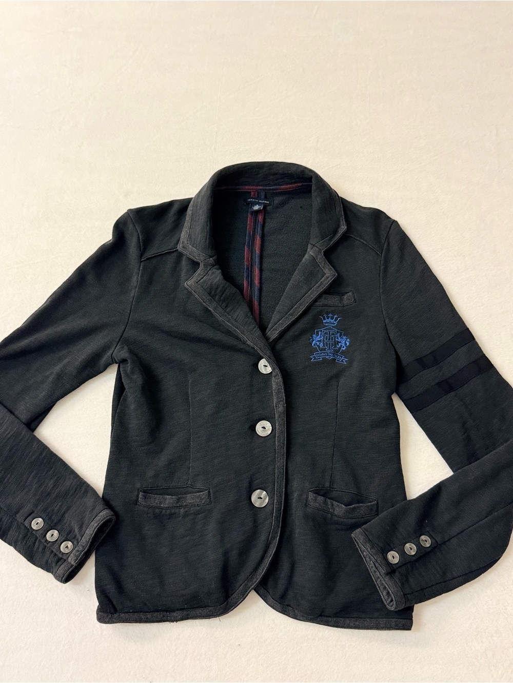Tommy Hilfiger Washed Black Jersey Knit Crest Blazer Jacket M